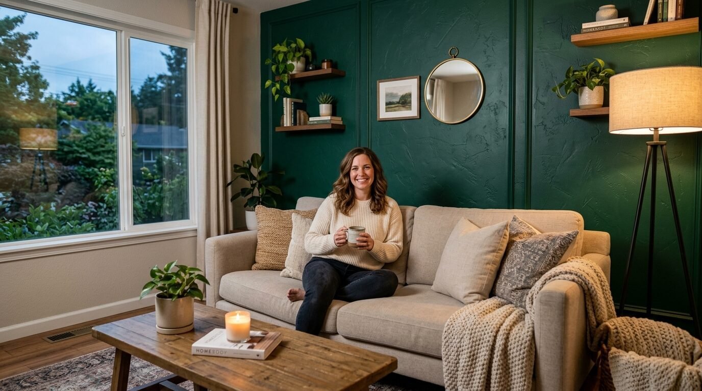 A woman sits on a light-colored couch holding a mug in front of a dark green paneled wall in a cozy living room.