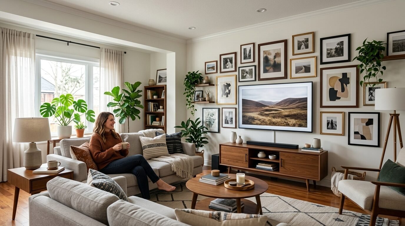 A woman holding a mug sits on a couch in a living room featuring a gallery wall and a wall-mounted television.