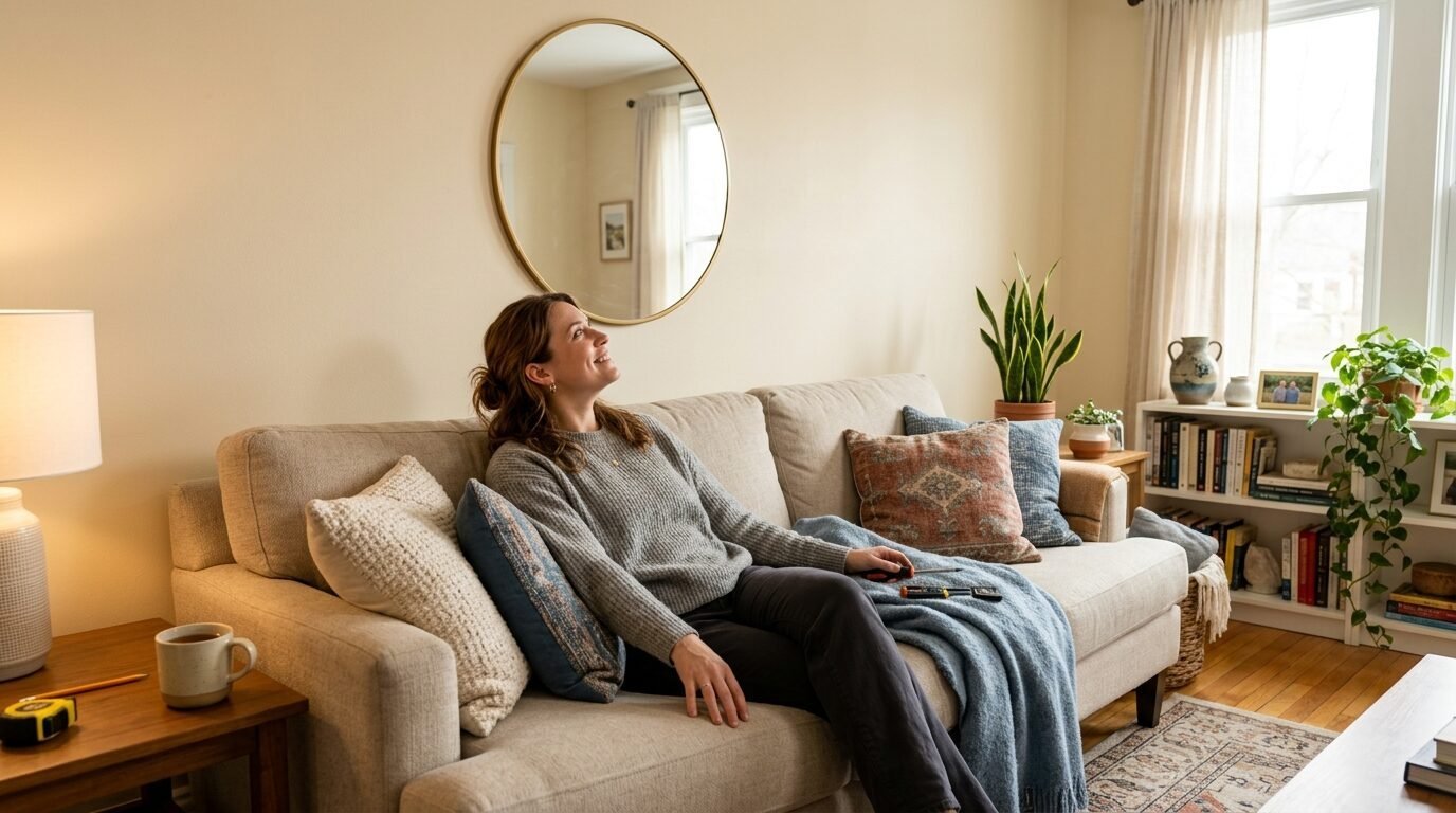 Woman in a grey sweater sits on a light-colored sofa with throw pillows and a blanket in a sunlit living room.