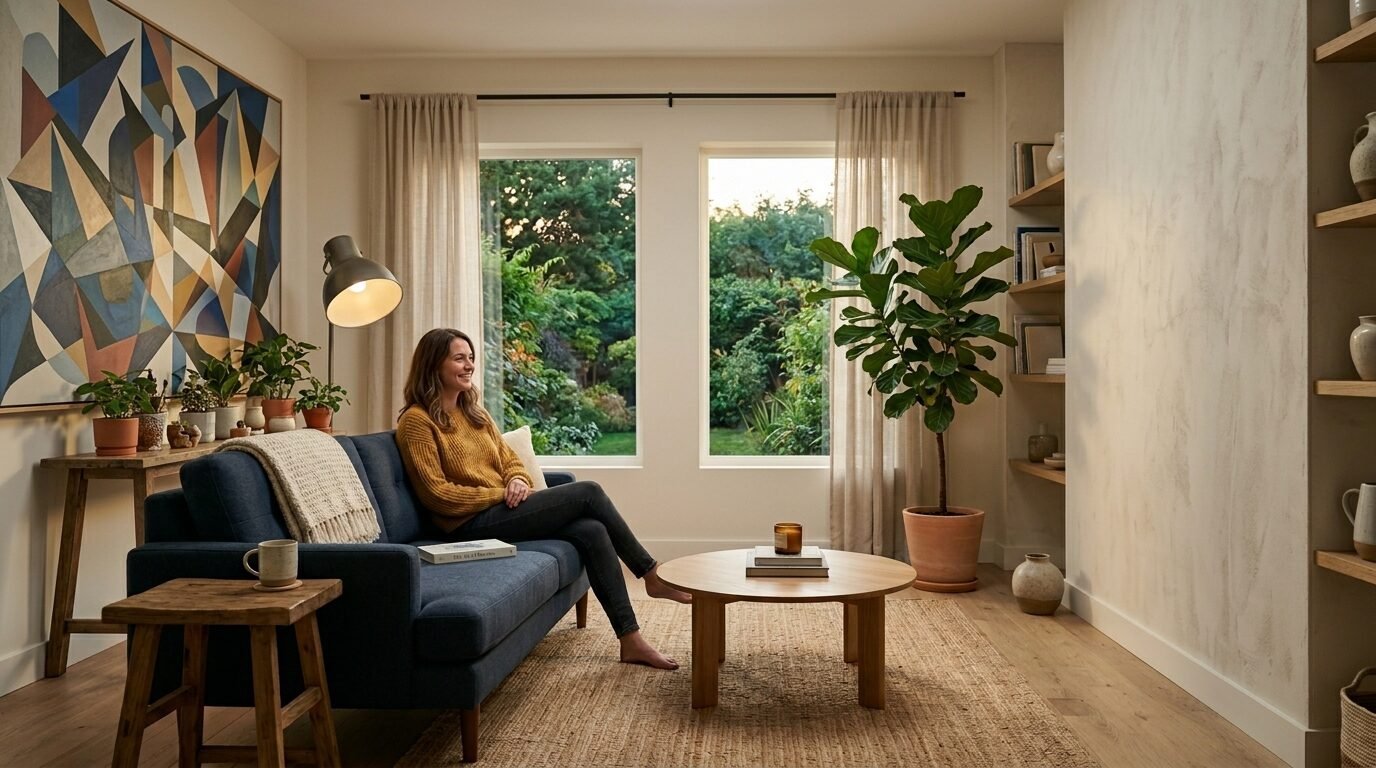 Smiling woman sitting on a navy sofa next to a fiddle leaf fig plant in a living room.