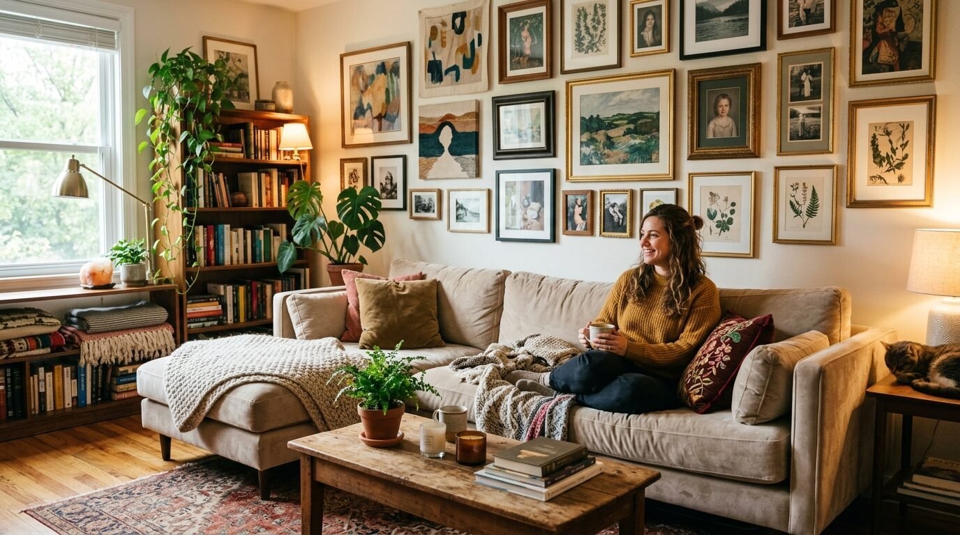 A woman in a mustard sweater sits on a cream-colored sectional sofa in a room with a large gallery wall.