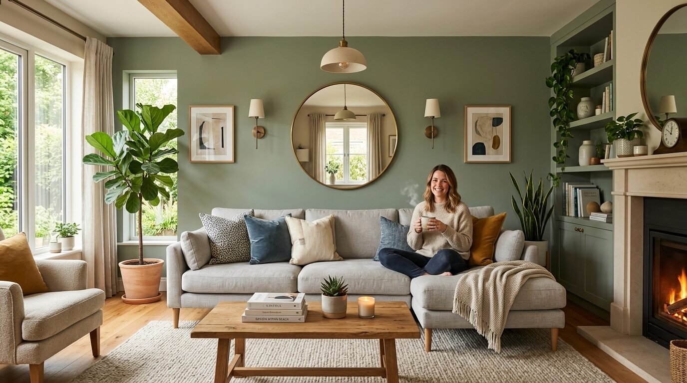 A woman sits cross-legged on a grey sofa in a green living room with a steaming mug, near a fireplace and houseplant.