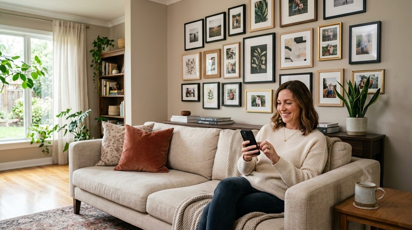 A smiling woman in a knit sweater uses her phone while seated on a beige couch with a gallery wall behind her.