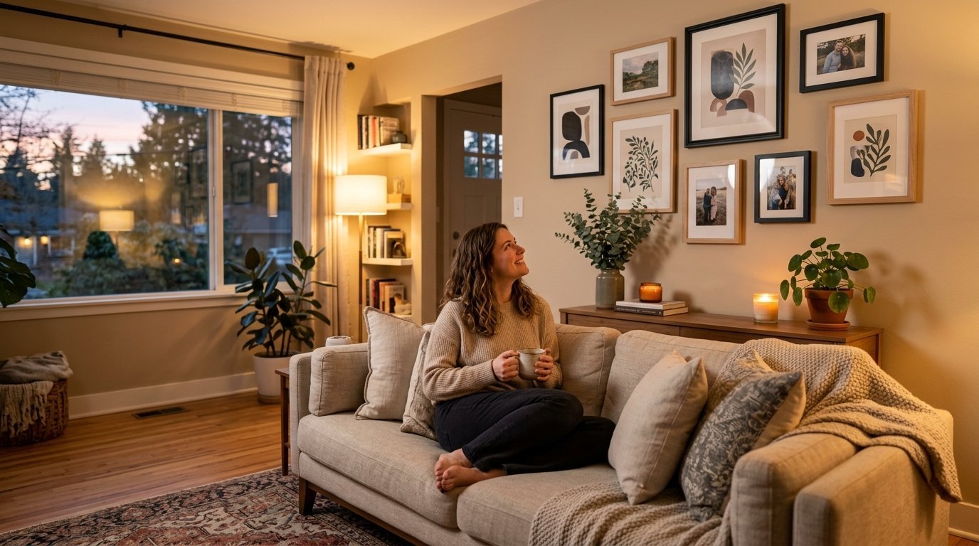 A woman holding a mug while sitting on a couch in a cozy, warm-toned living room with a gallery wall.