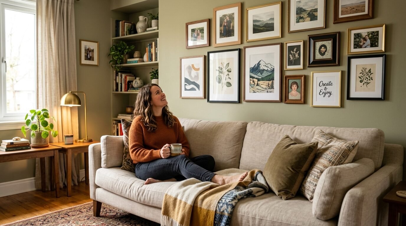Smiling woman in an orange sweater sitting on a beige couch under a gallery wall of framed art prints.
