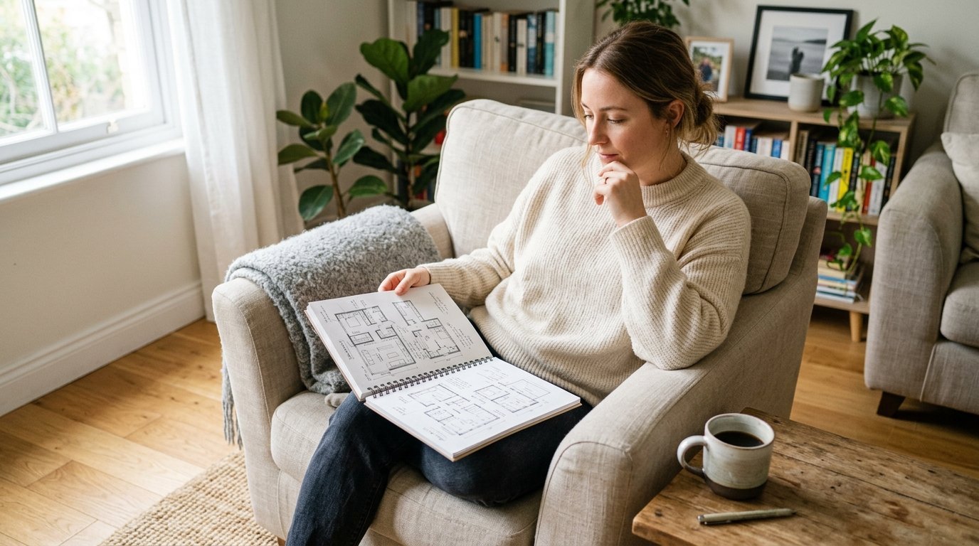 A woman in a cream sweater examines a house blueprint while relaxing in a cozy living room chair.