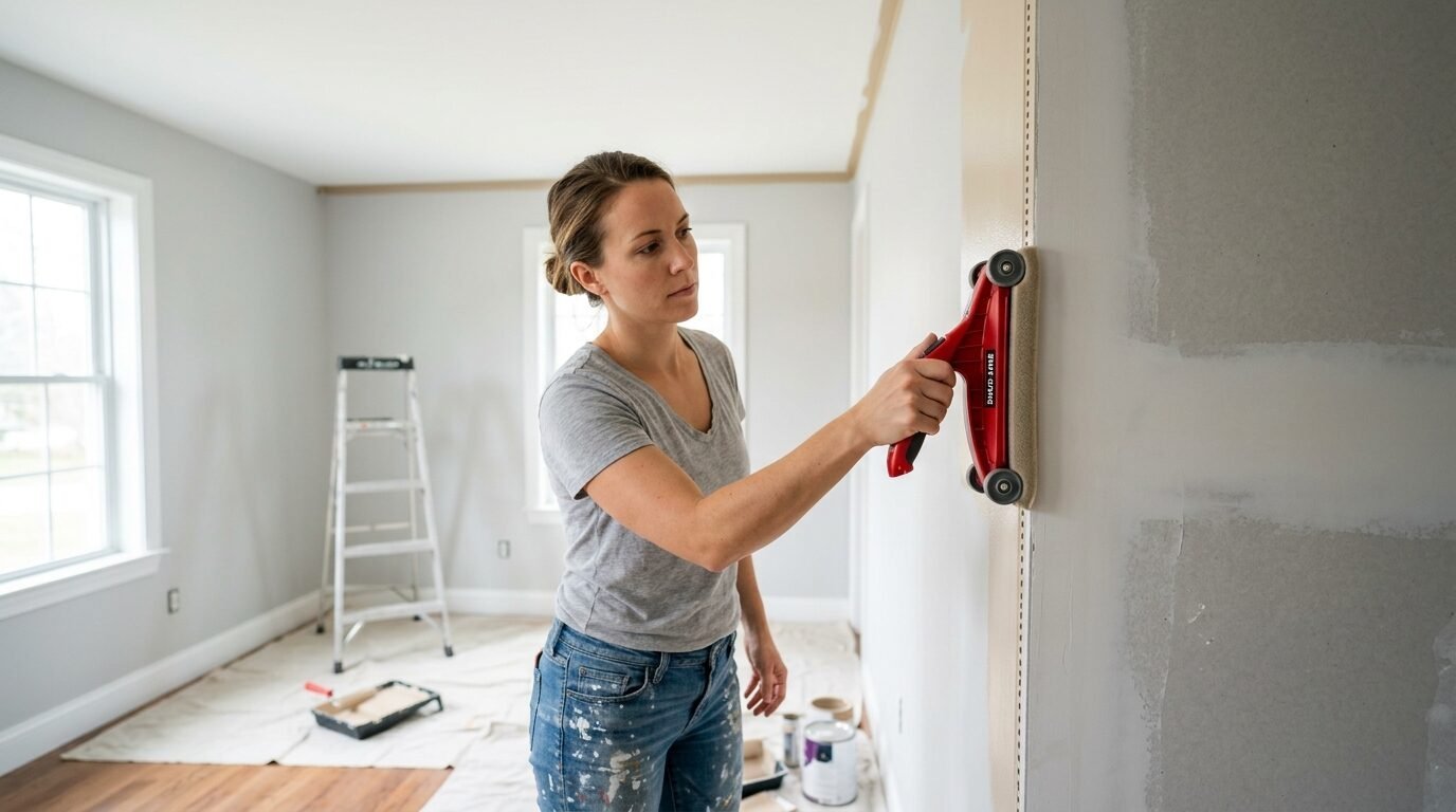 Woman in a grey t-shirt sands a wall corner with a handheld red abrasive tool.