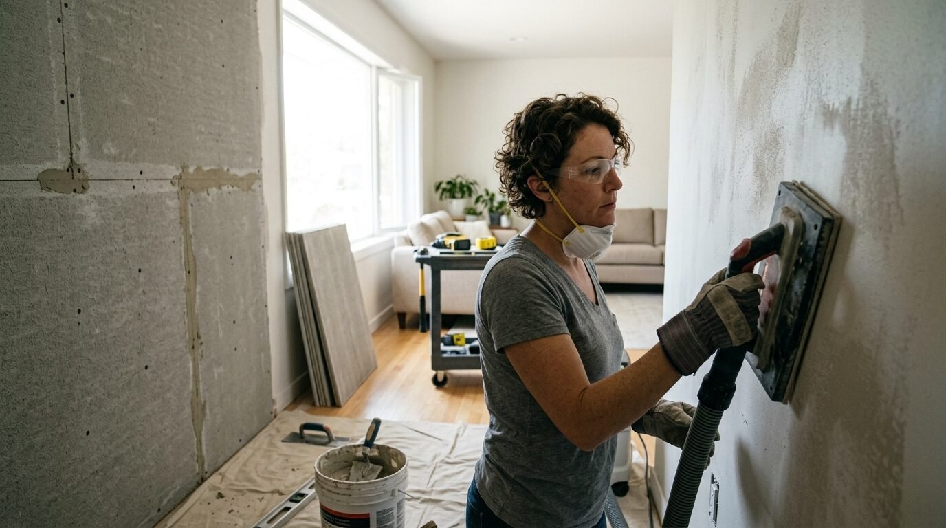A person with safety goggles and a face mask uses a hand sander with vacuum attachment on a newly installed wall.