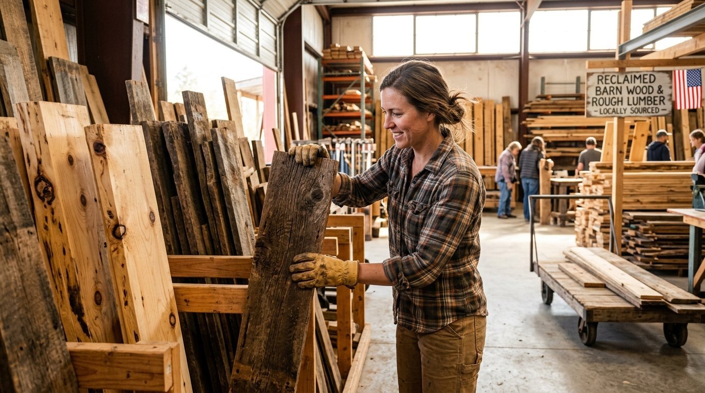 Smiling woman in plaid shirt wears work gloves while choosing a weathered wooden plank in a warehouse.