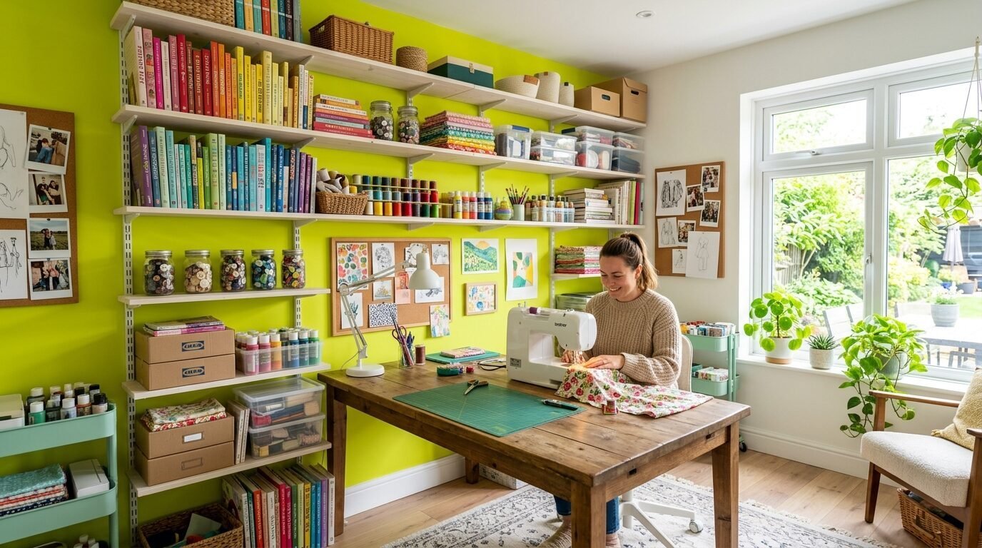 Smiling woman working on a floral fabric project at a rustic wooden desk in a bright craft room with green walls.