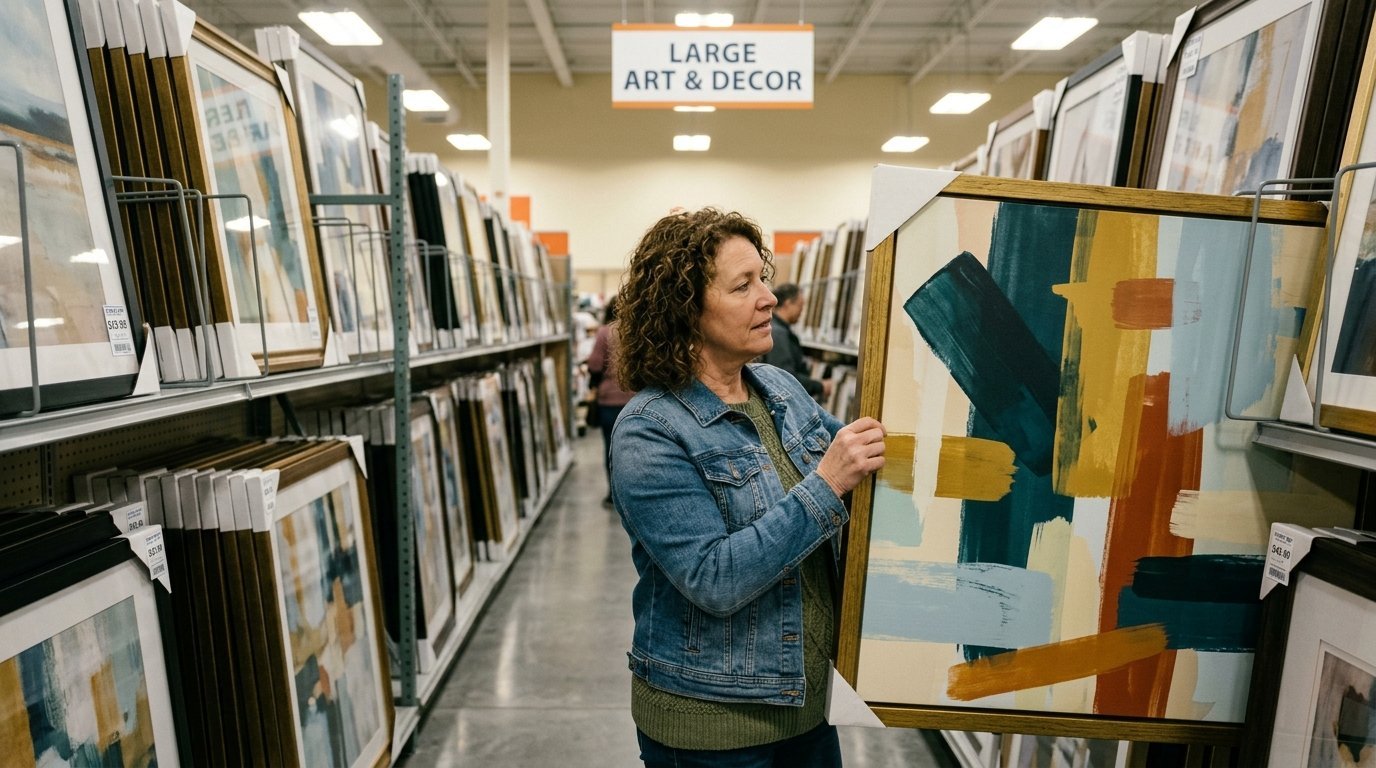 Middle-aged woman in a denim jacket inspecting a large framed abstract painting in a retail store aisle.