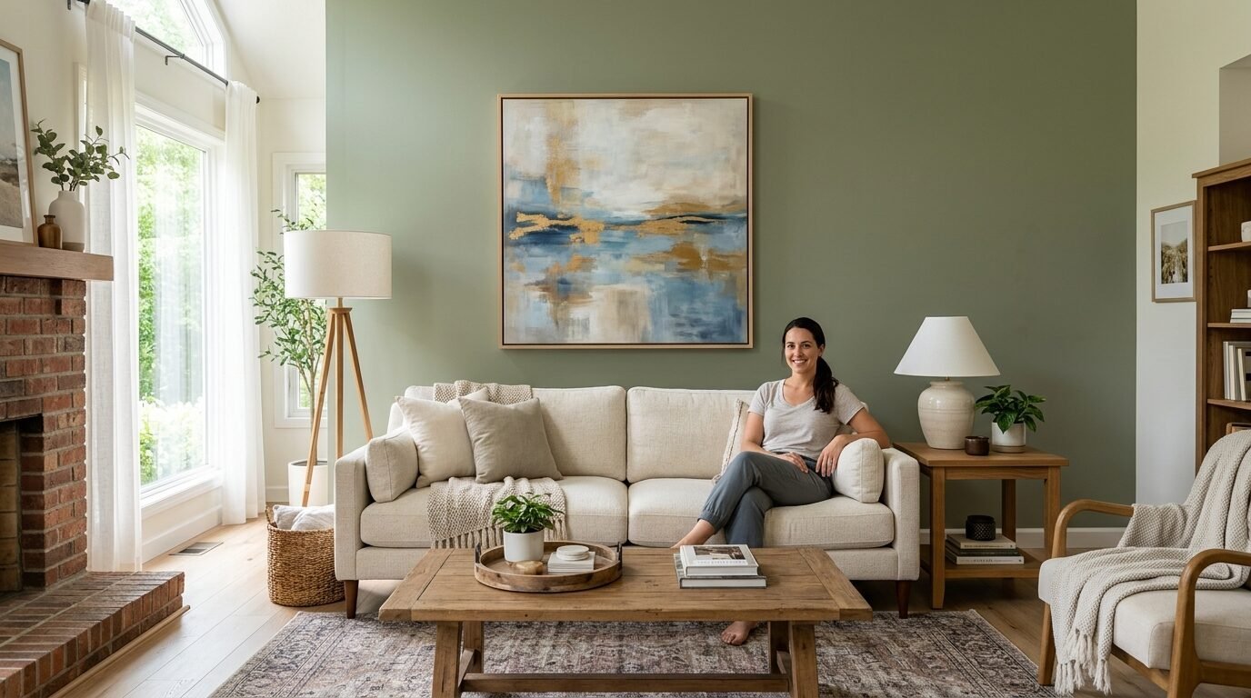 Smiling woman seated on a beige sofa placed against a sage green wall with framed abstract art.