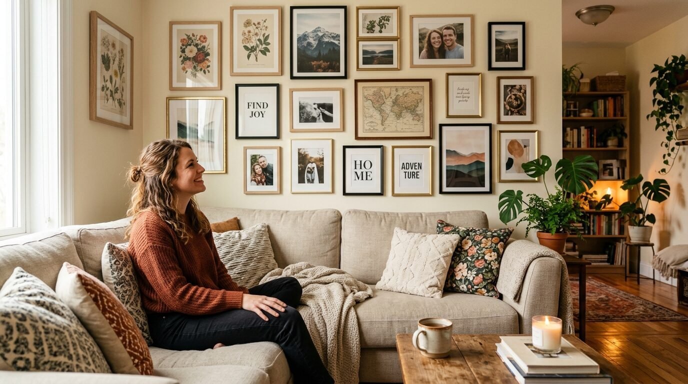 A woman in a rust colored sweater sitting on a living room couch surrounded by a wall of various framed pictures.
