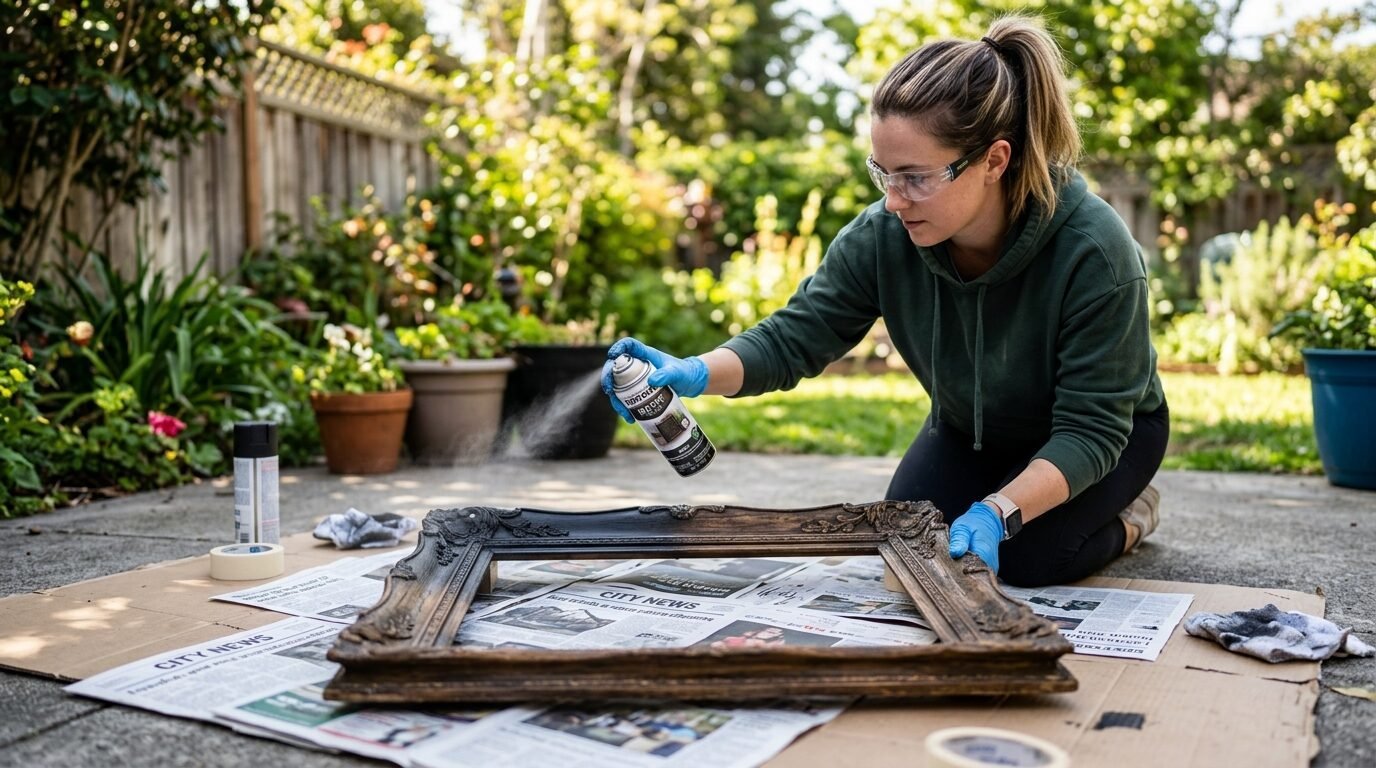 A woman wearing safety goggles and blue gloves uses spray paint on a decorative wooden picture frame on a patio.