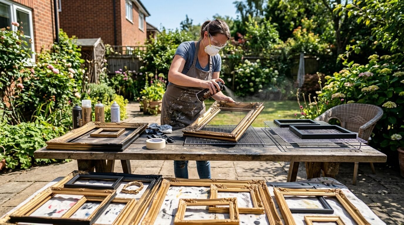DIY enthusiast working outdoors on a wooden table to refinish gold and black ornate frames with aerosol paint.