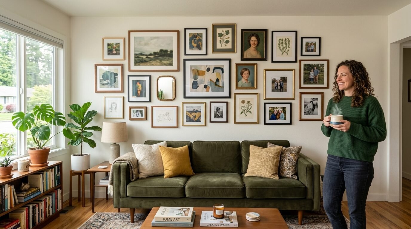 A woman in a green sweater stands next to a velvet green sofa and a large gallery wall of various framed pictures.