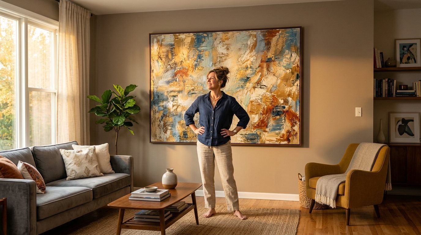 A barefoot woman in a navy shirt and linen pants stands before a large, colorful abstract painting.