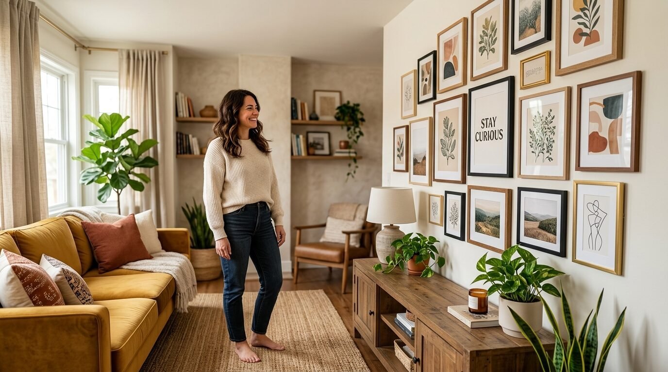 A smiling woman in a beige sweater stands before a large gallery wall of framed botanical and abstract art prints.