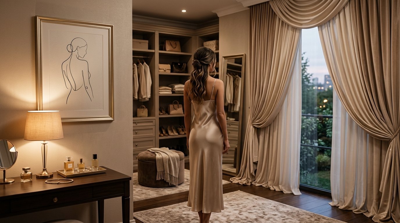 A woman with her back to the camera stands in a beige dressing room featuring floor-to-ceiling curtains and art.