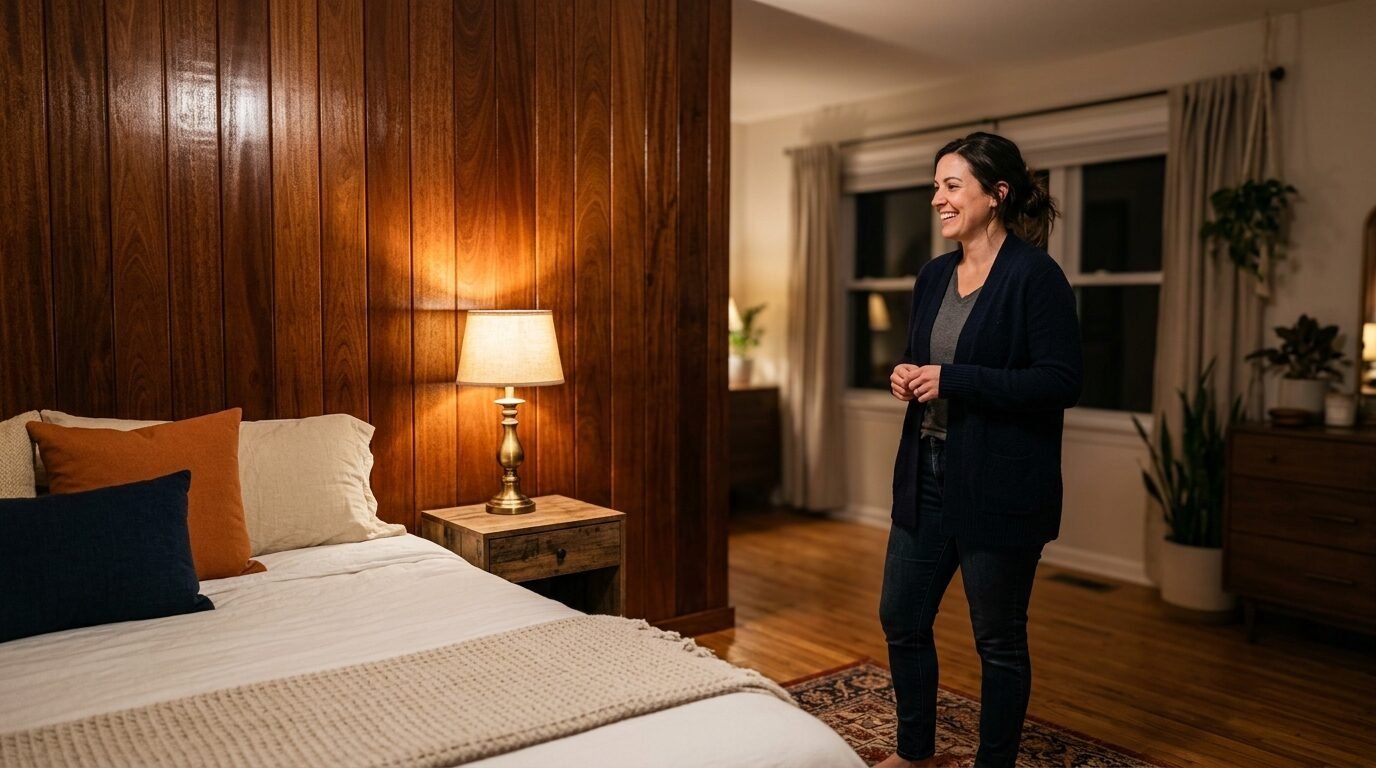 A woman in a navy cardigan laughing inside a warm bedroom featuring a lamp on a wooden nightstand.