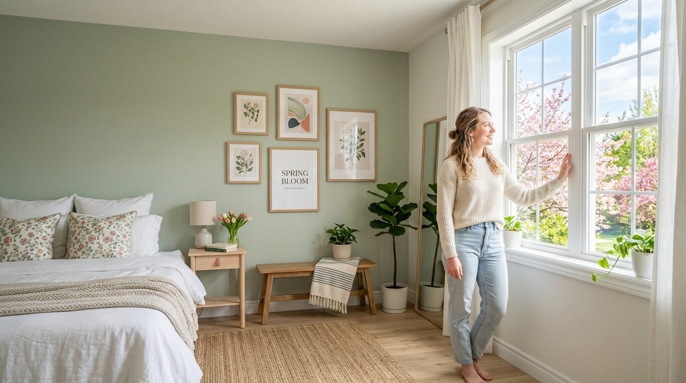 Woman in a beige sweater looking out a window at spring flowers in a light green bedroom.
