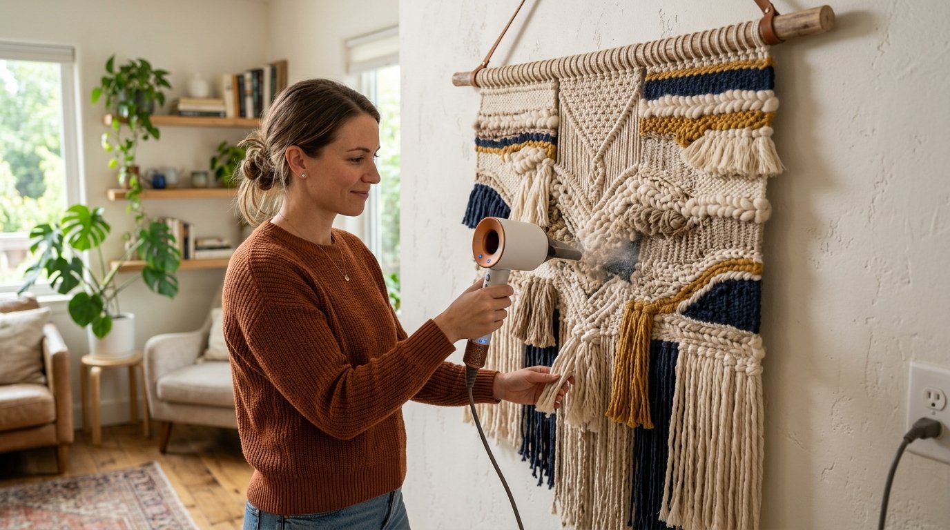 A woman in a brown sweater steams a blue, gold, and cream macrame wall hanging indoors.
