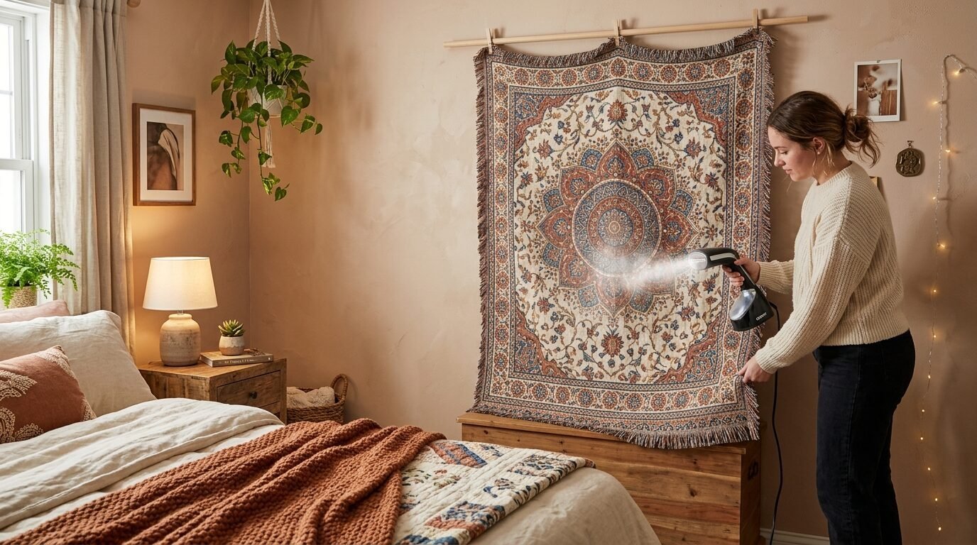 A person steaming a patterned woven blanket hanging on a bedroom wall.