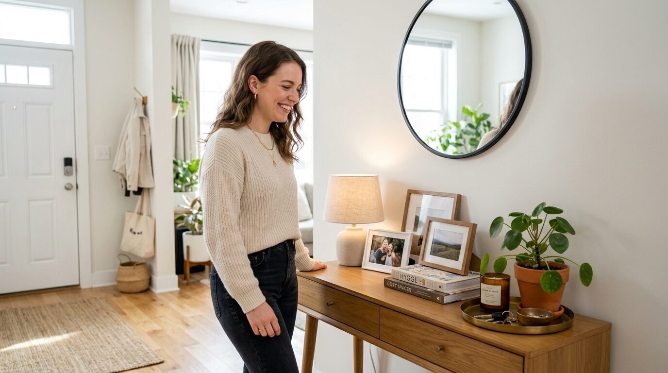 A woman in a cream sweater stands by a wooden console table topped with framed photos, a lamp, and a potted plant.