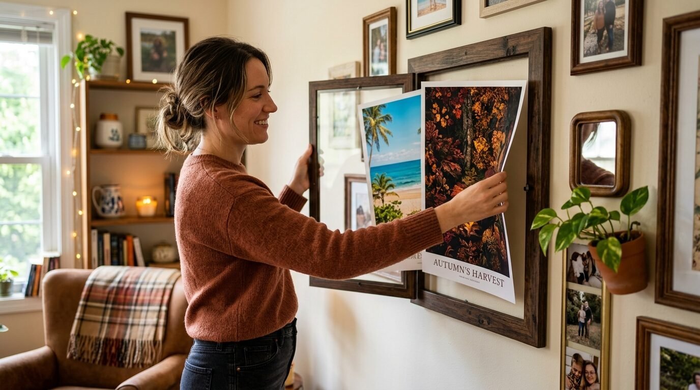 A woman in a rust-colored sweater changes a nature print inside a wooden wall frame.