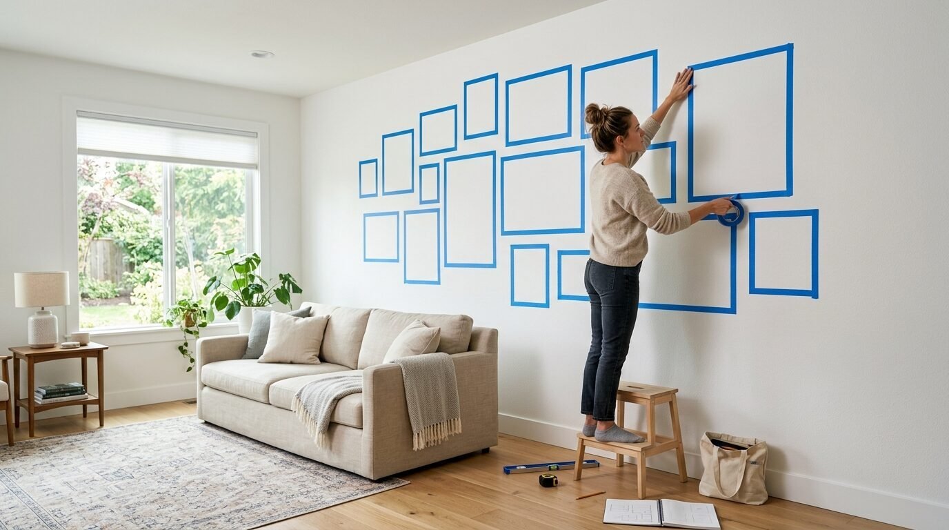 A woman stands on a wooden stool applying blue tape squares to a wall to plan a photo gallery arrangement.
