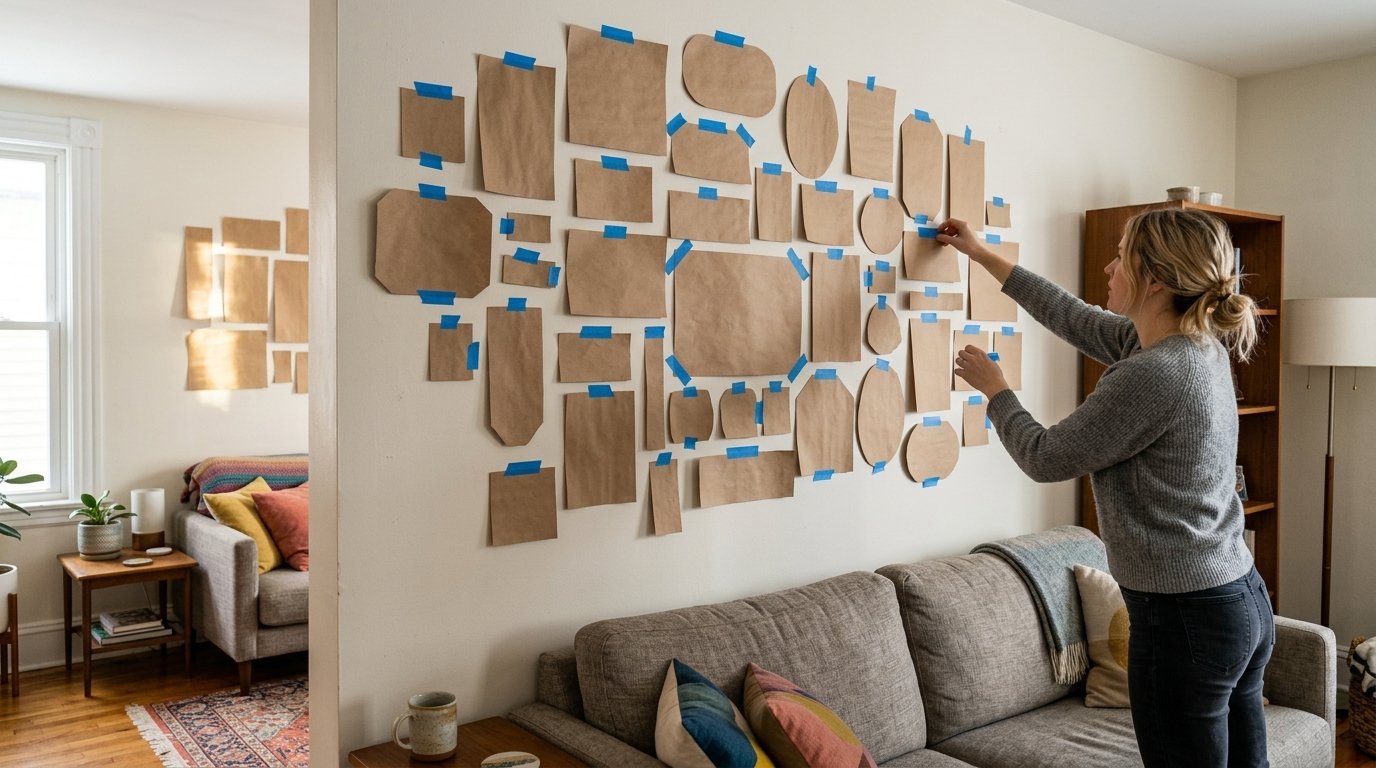 A woman applying blue painter's tape to brown paper shapes arranged on a living room wall to plan a photo display.