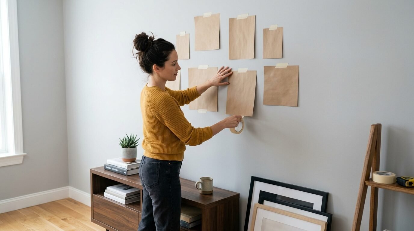 A woman applying masking tape to brown craft paper sheets mounted on a plain wall.