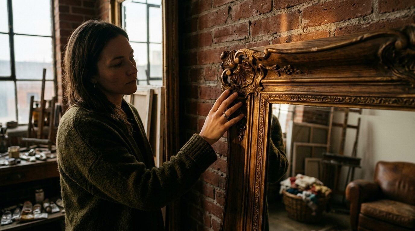 A woman in a green sweater reaches out to touch the carved decorative corner of a large, antique gold mirror.