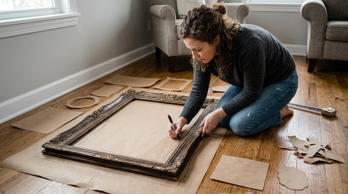 Woman kneeling on hardwood floor tracing an ornate picture frame onto brown kraft paper