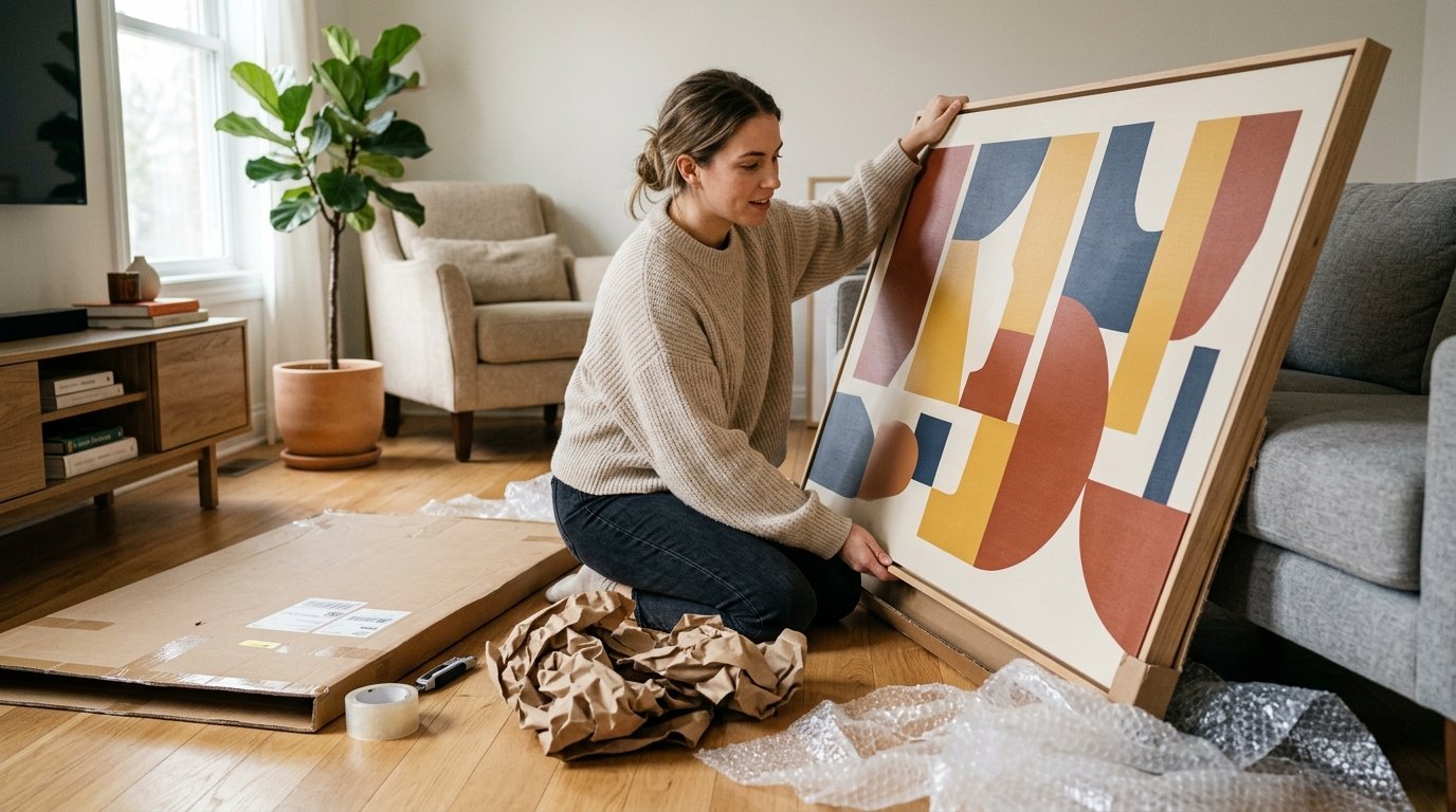 A woman kneeling on a hardwood floor unpacking a large piece of art with geometric shapes.