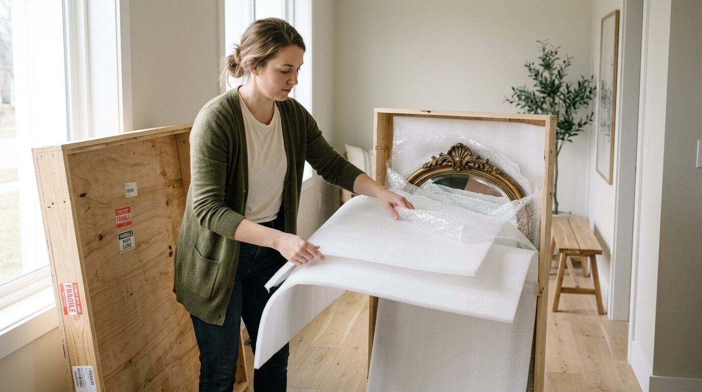 A woman in a green cardigan unboxing a gold framed mirror from a wooden shipping crate.