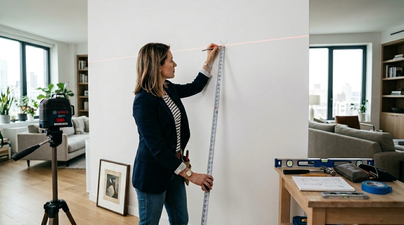 Professional woman marking wall height using a vertical measuring tape aligned with a red laser projection.