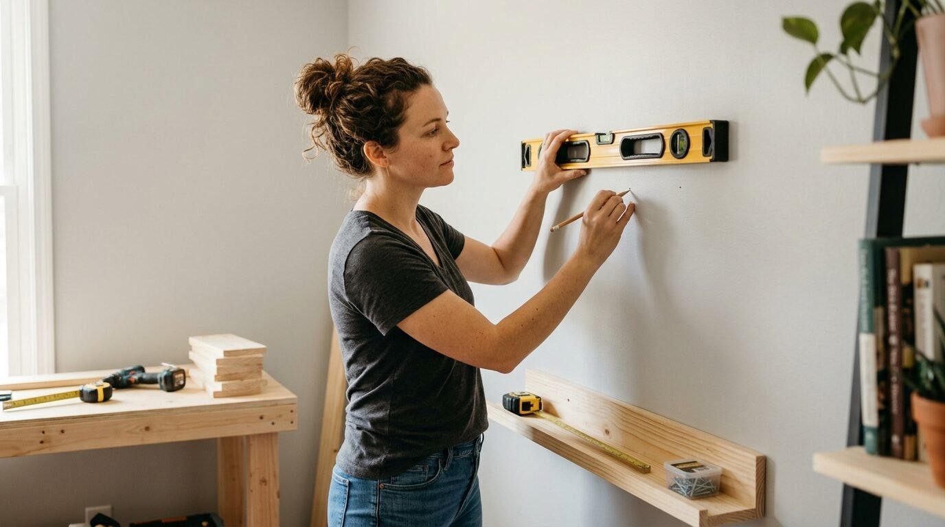 Young woman holding a yellow spirit level against a light gray wall while marking spots with a pencil.