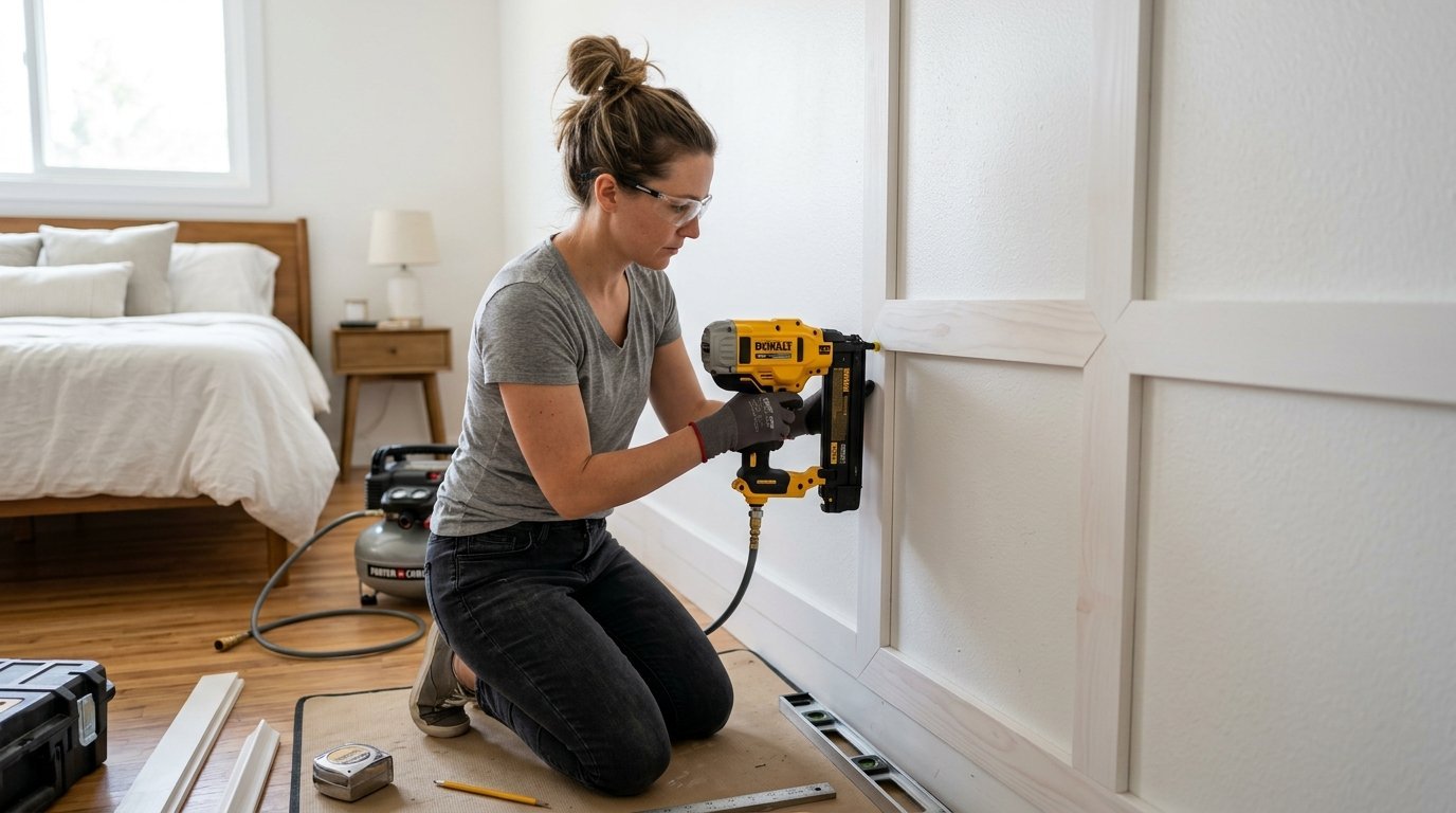 DIY enthusiast kneeling on the floor to attach trim to the bedroom wall with a power tool.