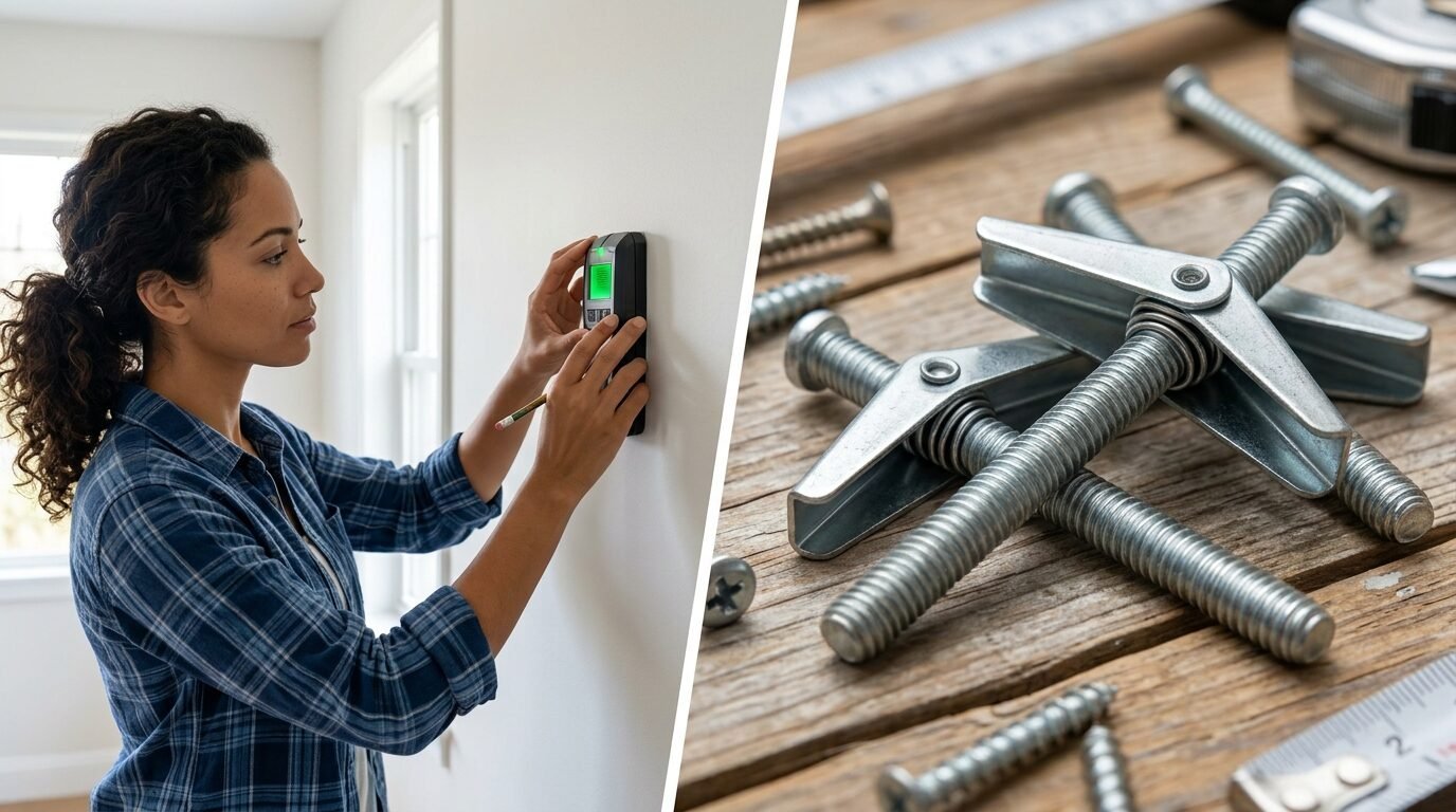 Split screen showing a woman scanning a white wall and a pile of metal toggle bolts on a wooden workbench.