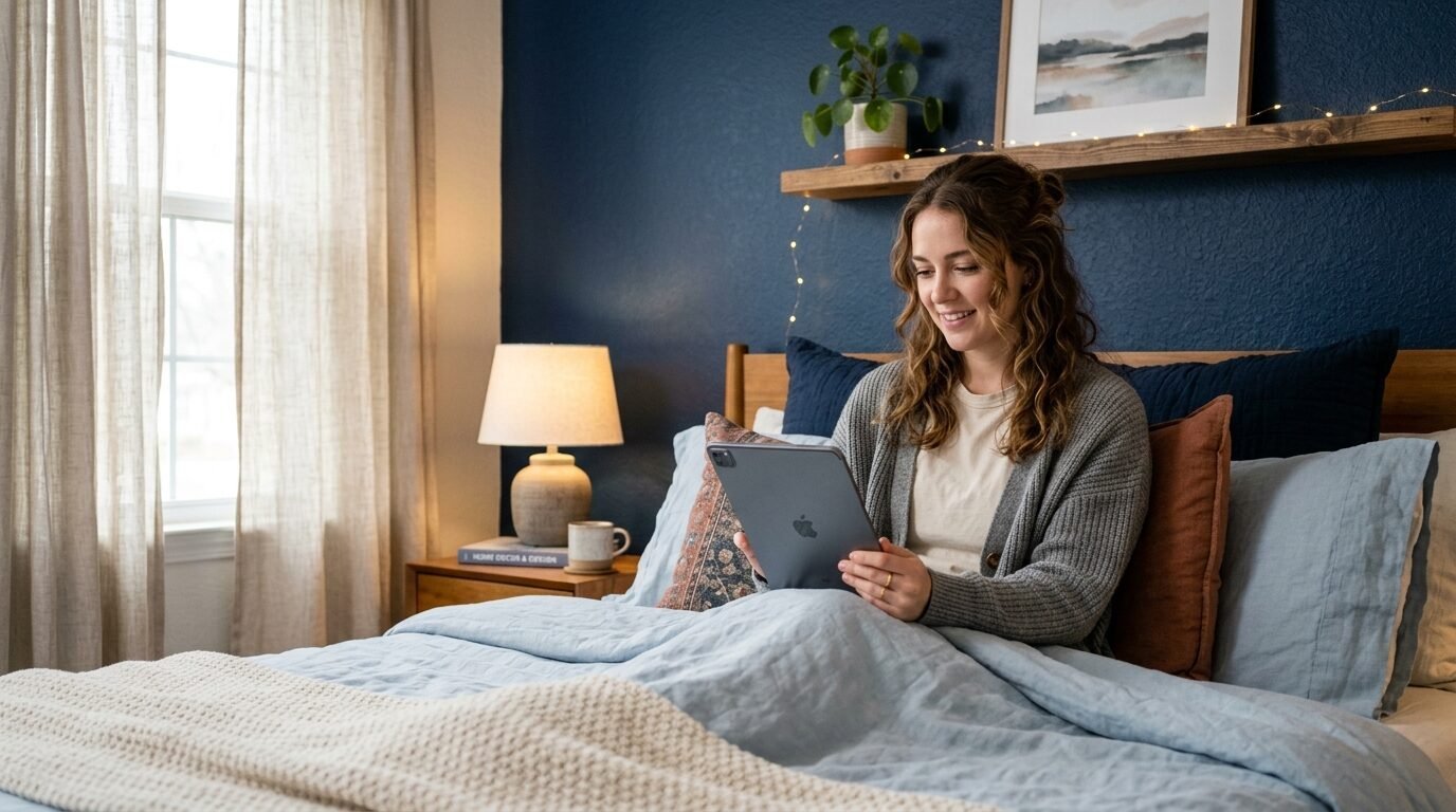A woman in a grey cardigan uses a tablet while sitting under a blue duvet in a cozy bedroom.