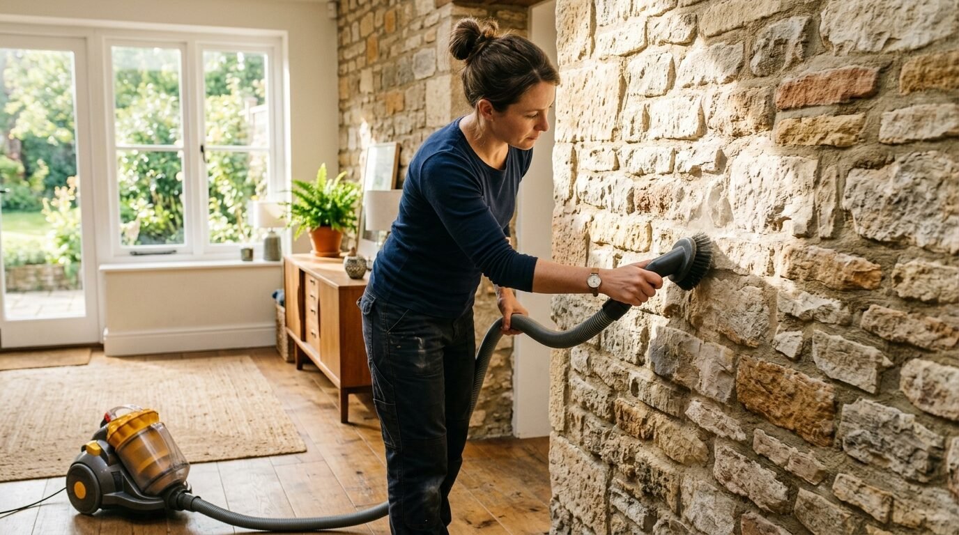 A woman with a hair bun uses a vacuum cleaner hose with a round brush tool to remove dust from a textured rock wall.
