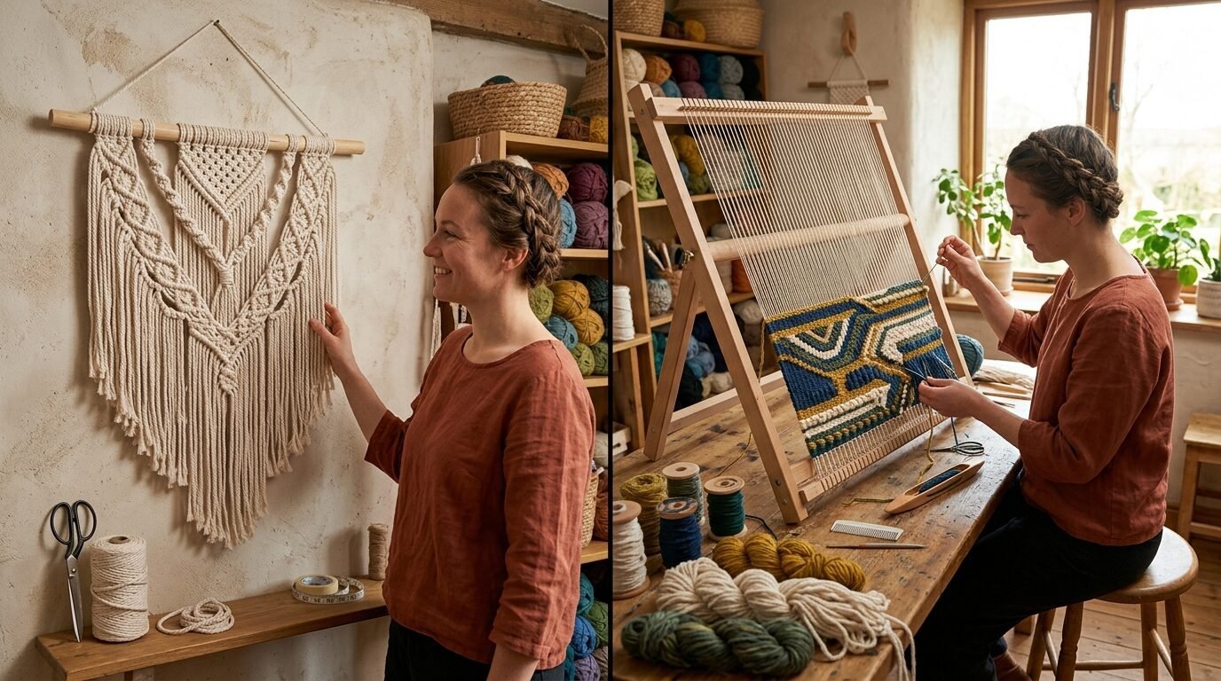 A woman with braided hair works in a craft studio, creating macrame wall art and weaving geometric patterns on a loom.
