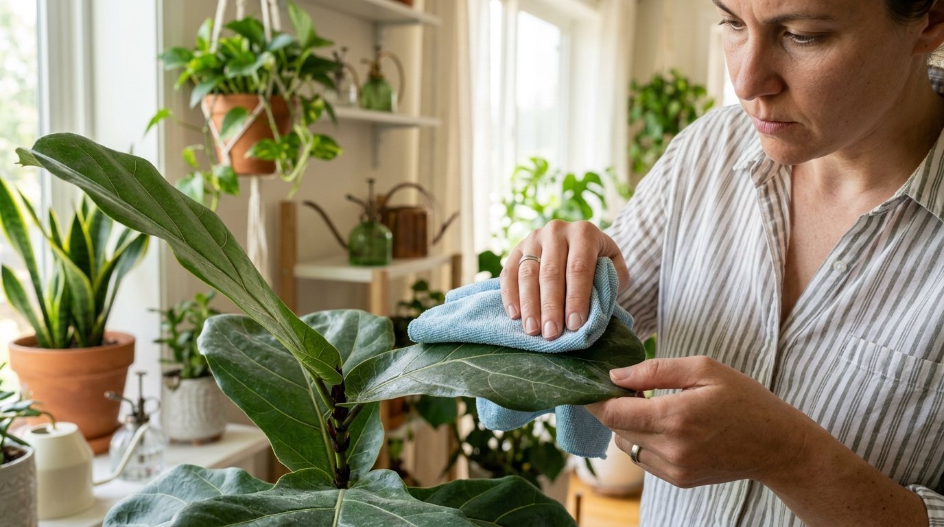 Close-up of a person's hands using a blue microfiber cloth to gently wipe a houseplant leaf.