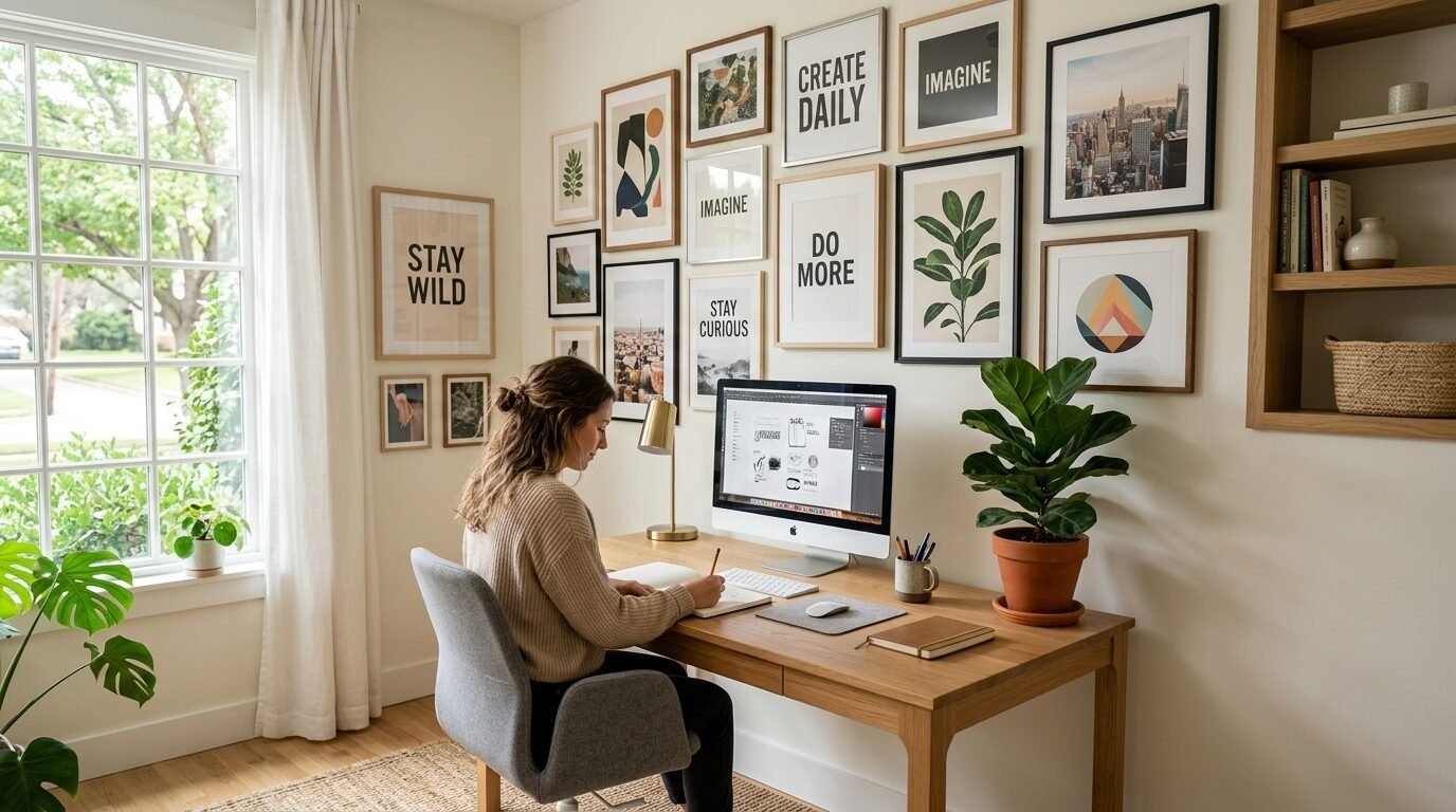 Woman sitting at a wooden desk with a computer, surrounded by a gallery wall in a sunlit home office.