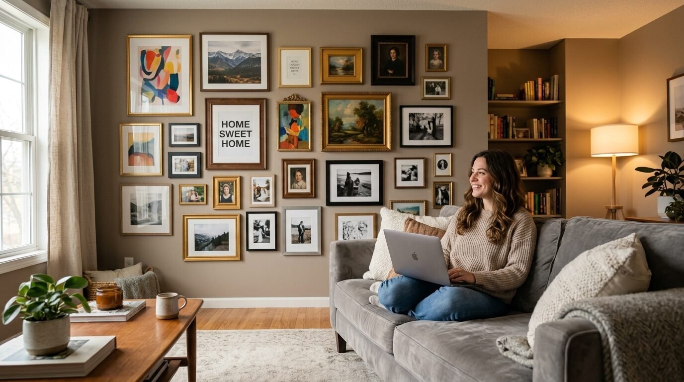 A smiling woman in a beige sweater uses a laptop on a sofa in front of a wall decorated with various framed artwork.