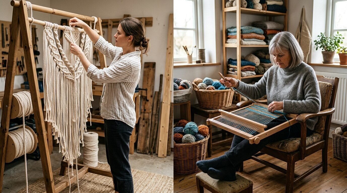 A split image showing one woman knotting macrame and another woman using a small lap loom.