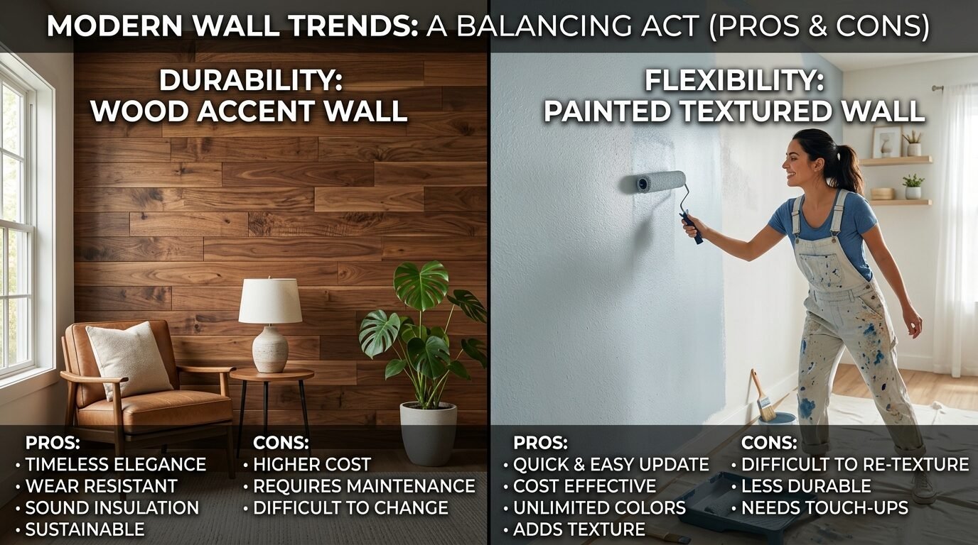 Split screen image showing a wood plank wall and a woman painting a textured wall with a roller.
