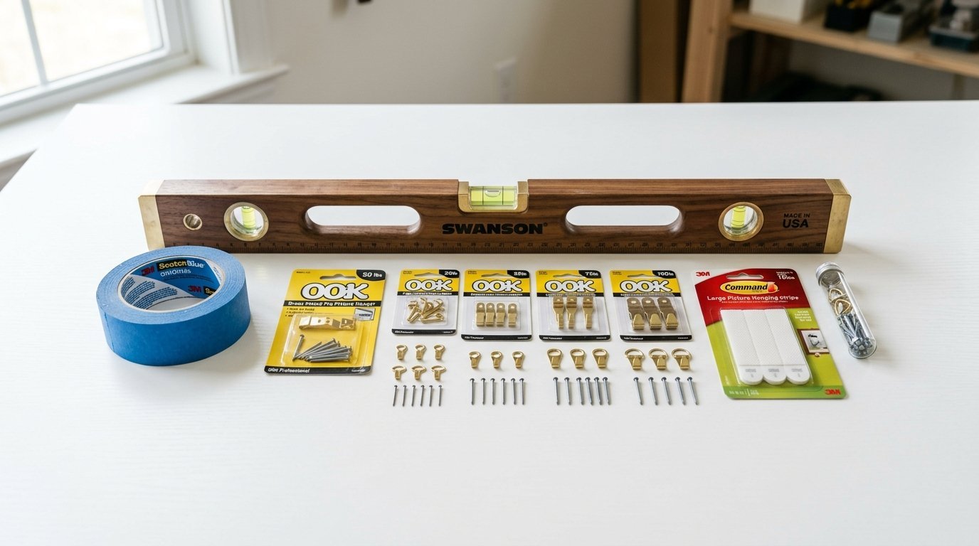 Swanson walnut level with blue painter's tape, OOK hooks, and Command adhesive strips on a desk.