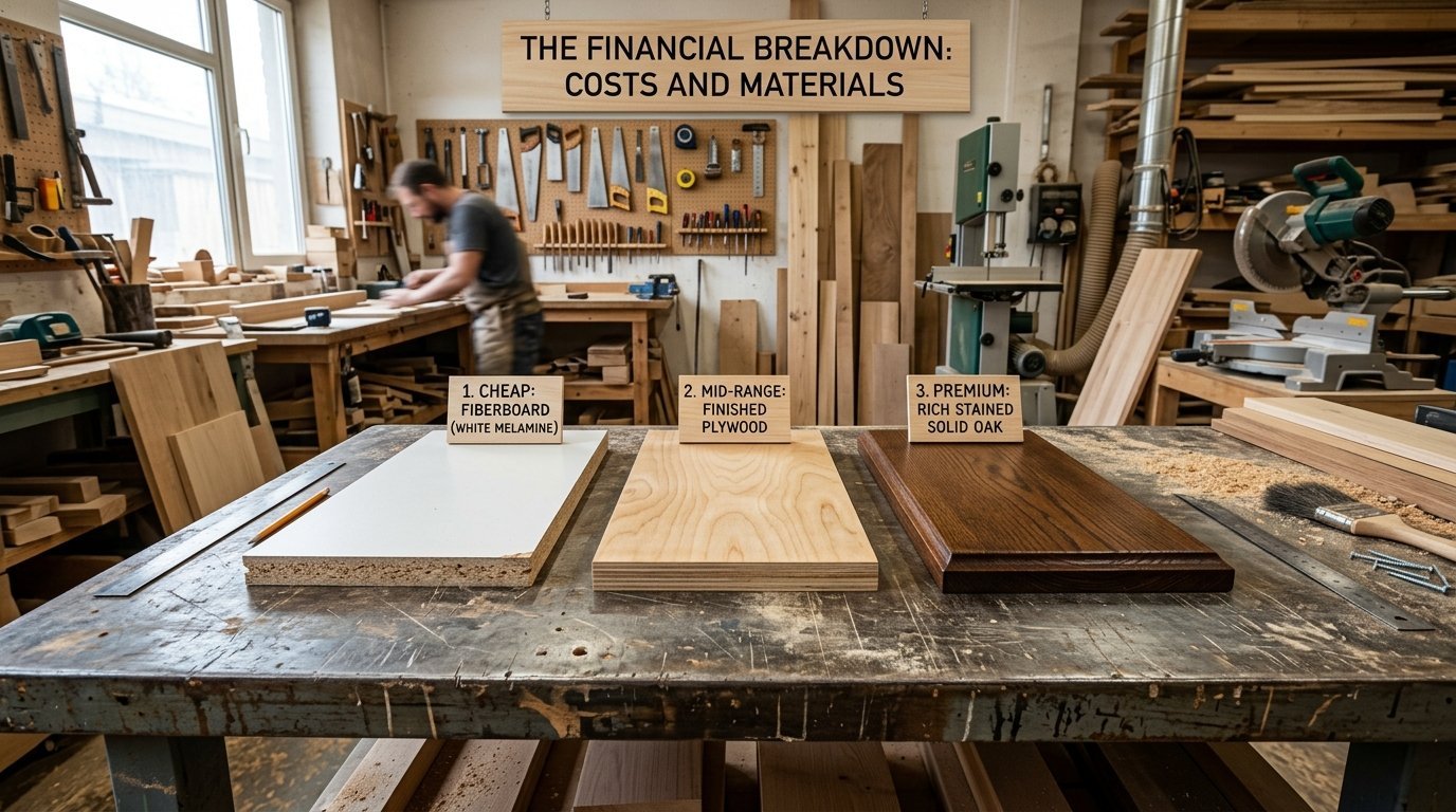 Comparison of fiberboard, plywood, and stained oak boards on a workbench in a woodshop with a carpenter in the background.
